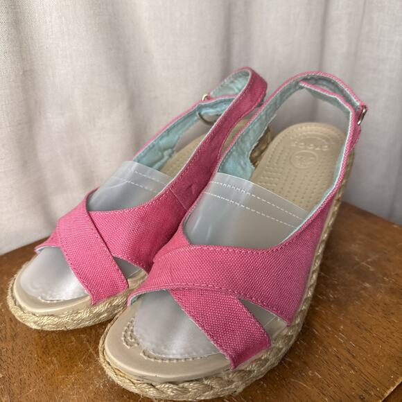 Women’s Crocs Pink A-Leigh Linen Slingback Espadrille Wedge Sandals Size 7‎ - Picture 10 of 10